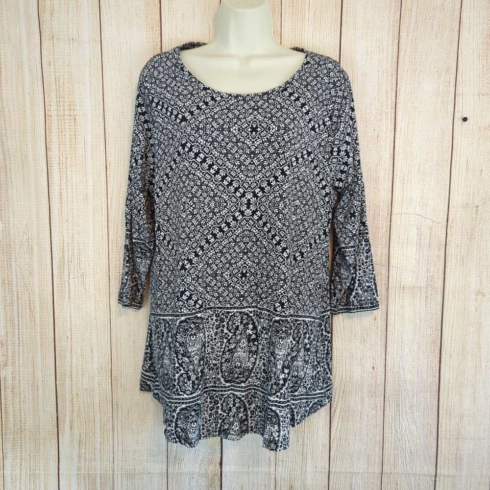 LUCKY BRAND Black White Paisley 3/4 Sleeve Top Shirt Size 1X NWT